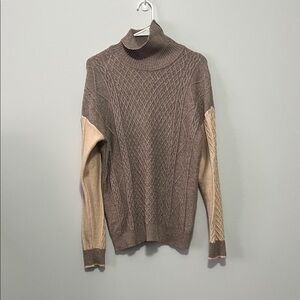 Cyrus Two-Tone Cable Knit Turtleneck Sweater - Brown and Cream